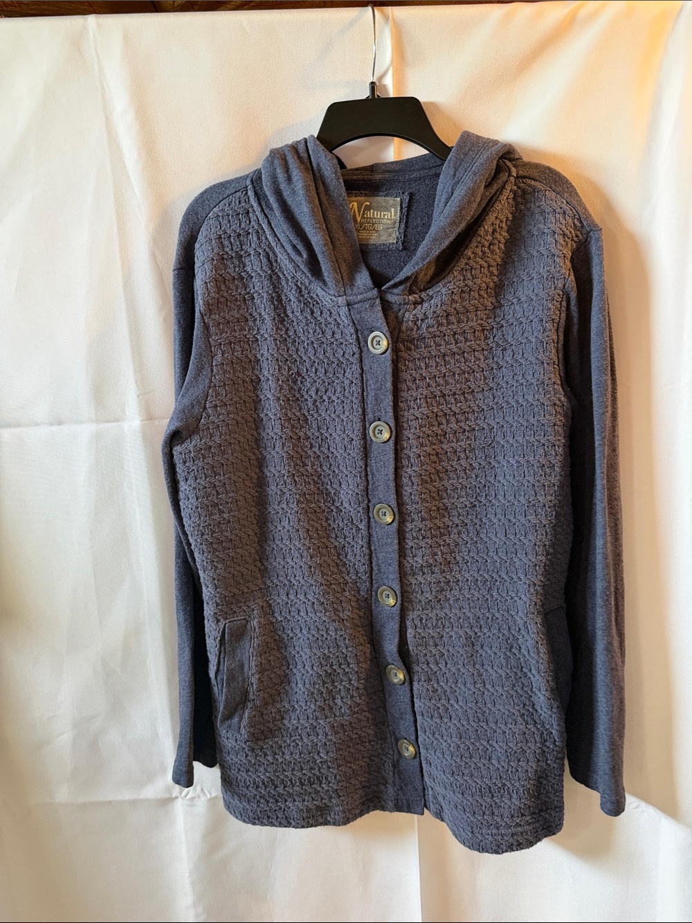 Natural Reflections Hooded Button-Front Cardigan in Slate Blue